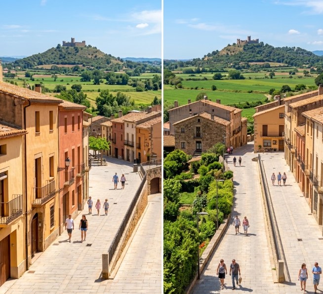 Vistas de las zonas peatonales, la horta y el entorno del Castell de Palafolls